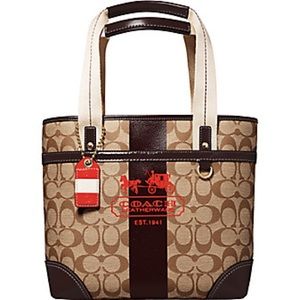 Coach Heritage Stripe Leather Tote with Red Logo